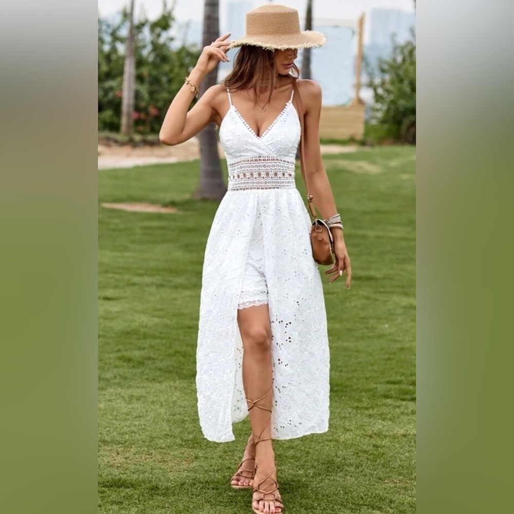 Eyelet Embroider Lace Insert High Low Cami Romper